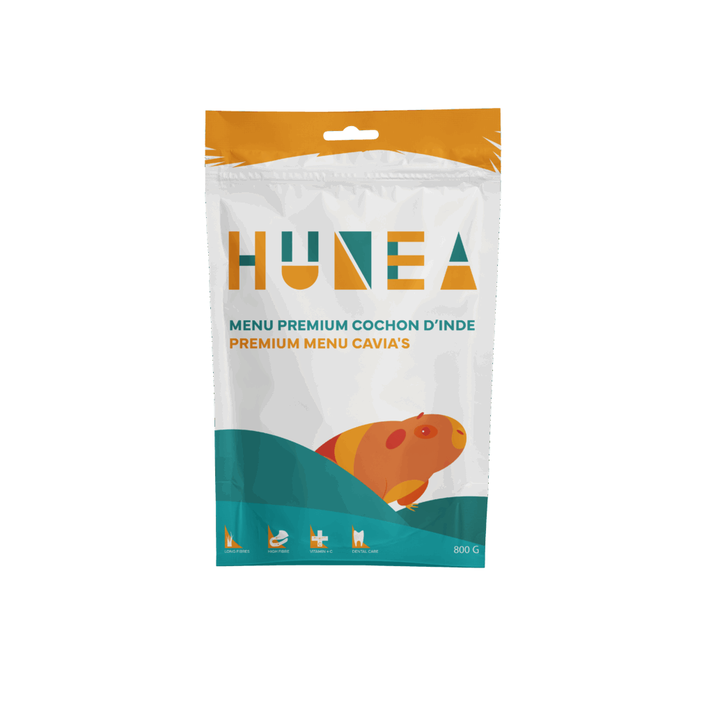 Une conception d'une face avant du doypack pour une marque de nourriture pour cochon d'Inde, HUNEA.