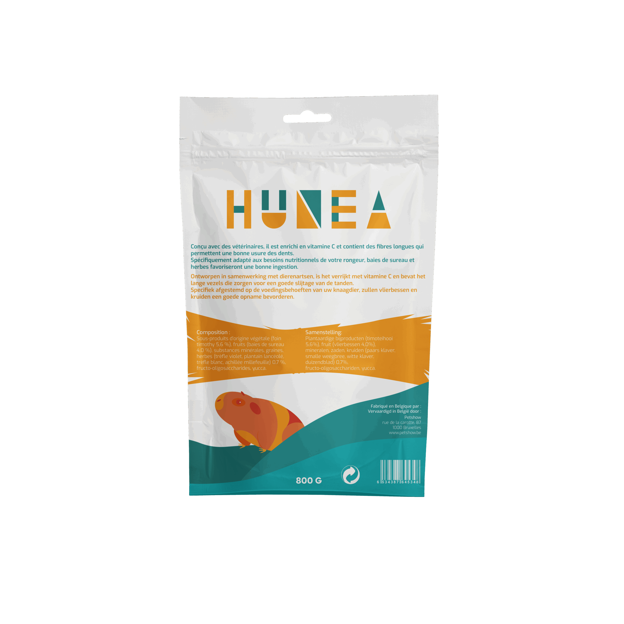 Une conception d'une face arrière du doypack pour une marque de nourriture pour cochon d'Inde, HUNEA.